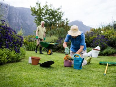 Two People In The Garden Planting Flowers