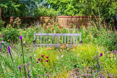 Old Bench In The Middle Of A Flower Garden