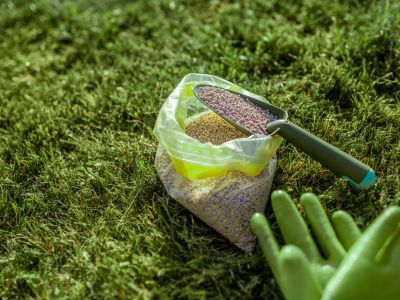 Small Gardening Shovel In A Bag Of Phosphorus On The Lawn