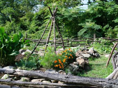 Colonial Themed Garden With Wooden Fence Made Of Tree Branches