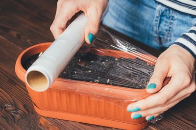 Person Putting Plastic Wrap Over Container With Soil And Seeds