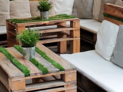Grass Growing On Wood Pallet Table Tops