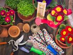 Table Full Of Gardening Tools  Planters And Flowers