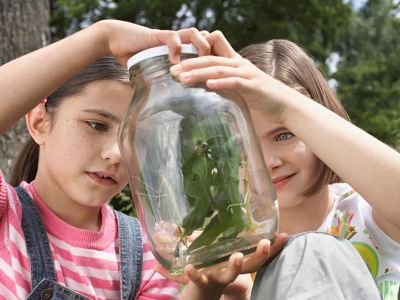 Children Looking Through A Glass Jar Full Of Plants