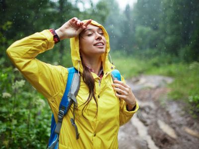 Woman In A Yellow Jacket In The Rain