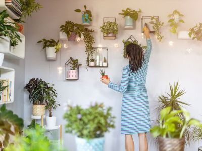 Woman Attending Wall Of Potted Hanging Houseplants