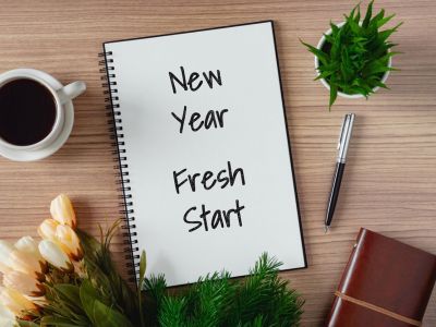 New Year Fresh Start Notebook On Table With Coffee  Pen  And Plants