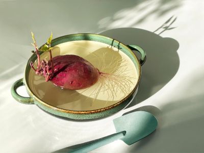 A red potato in a bowl of water sprouts roots and leaves