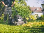 A man runs his lawnmower over fallen leaves on the lawn
