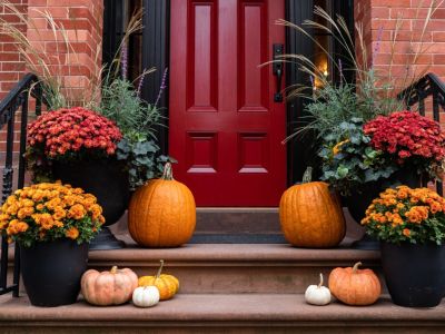 Potted mums and pumpkins line the steps to a red door