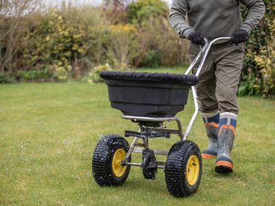 A gardener in rain boots spreads fertilizer pellets on a lawn with a wheeled fertilizer spreader