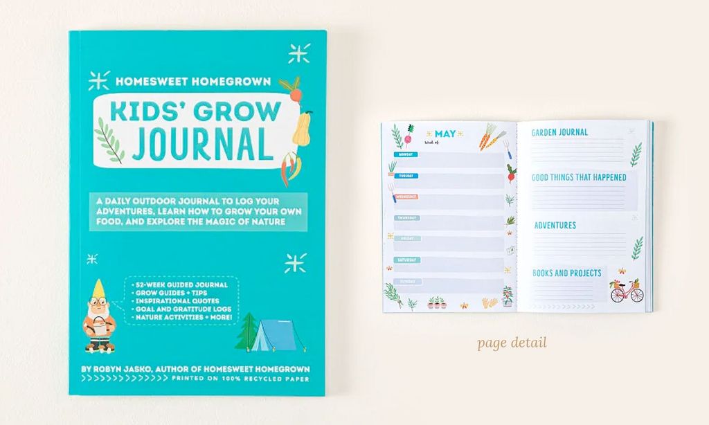 A teal journal titled "Kids Garden Journal"
