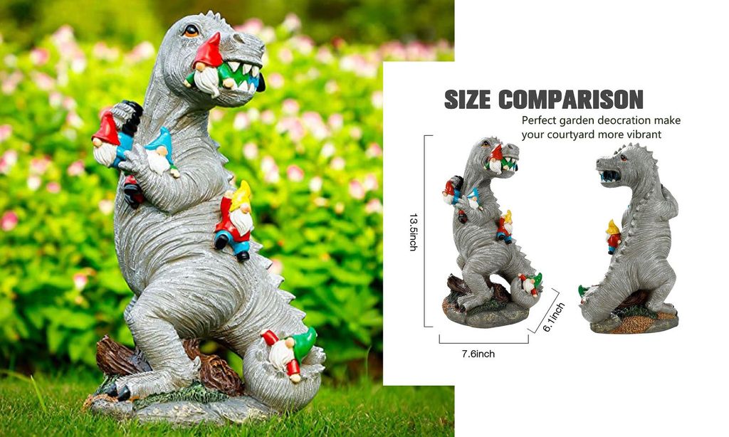 A dinosaur statue with many tiny gnomes crawling on it, and gnomes in the dinosaur's mouth.