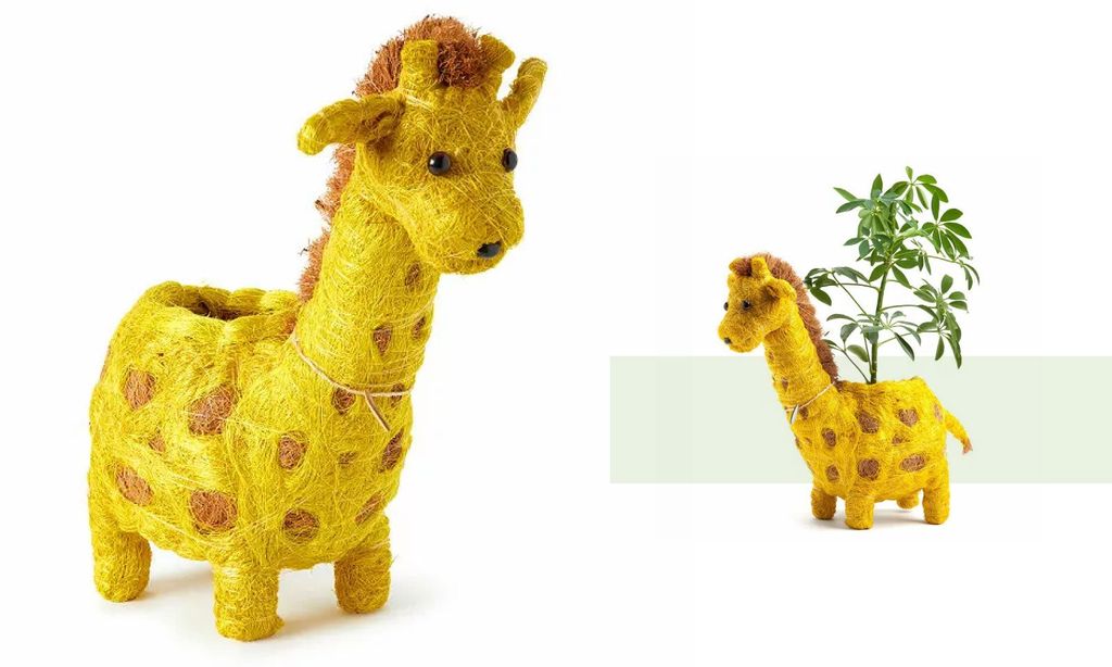 A coconut fiber giraffe planter with a plant in its back.