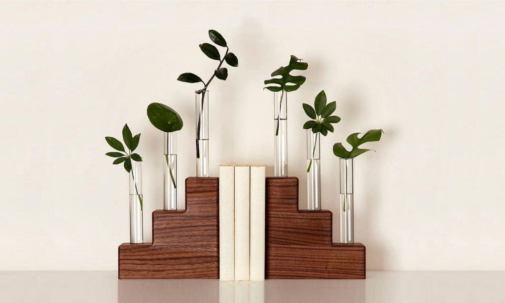 Two wooden bookends with plant propagation tubes