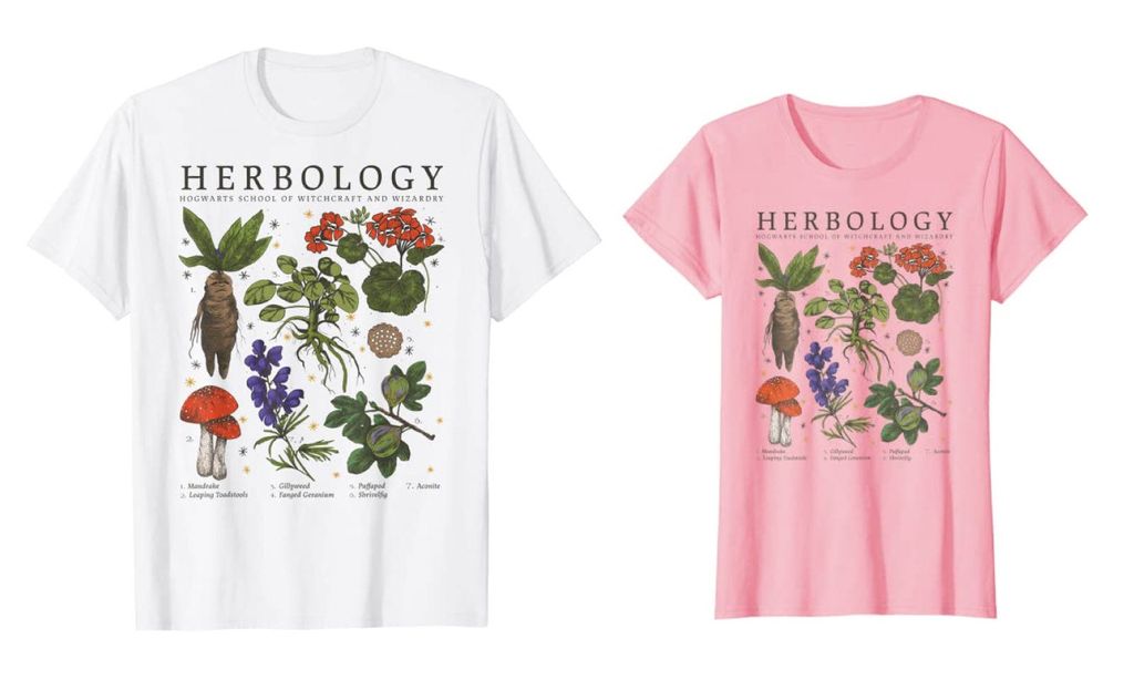 7 illustrated plants from Harry Potter, with "Herbology" written above them. Shirt is displayed with a white shirt in a men's fit, or a pink shirt in a women's fit.