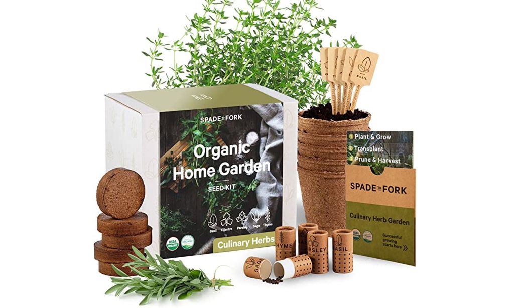 A herb garden kit featuring soil blocks, pots, seeds, and markers