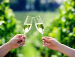 Two hands clink champagne flutes together outdoors in a winery