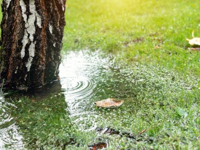 Rainwater pools in a puddle beneath a tree in a grassy lawn