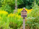 An insect hotel with many holes drilled into pieces of wood under a peaked roof sits atop a wooden pole in a garden