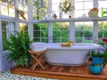 A luxurious looking bathtub in a greenhouse