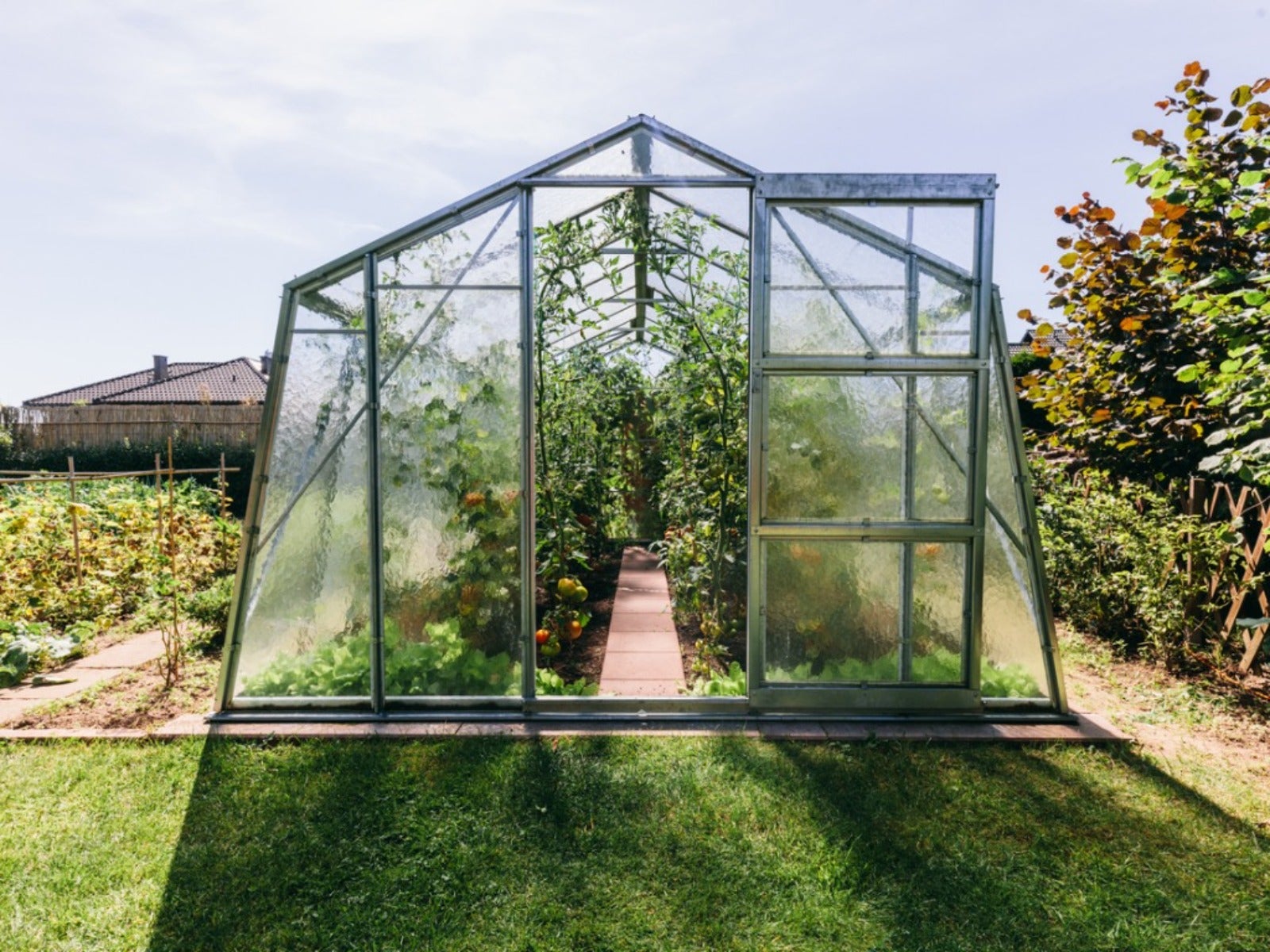 A glass greenhouse in a garden