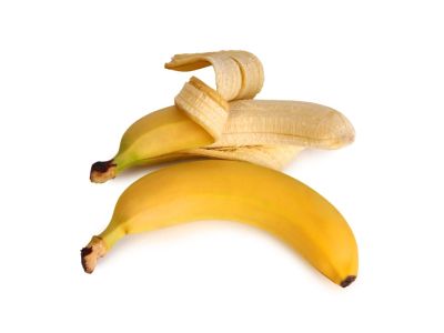 One whole banana and one banana half peeled