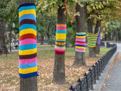Colorful knitted stripes on yarn bombed trees