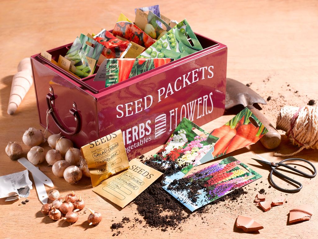 Dark red storage box filled with packets of seeds, next to bulbs, trowel and string